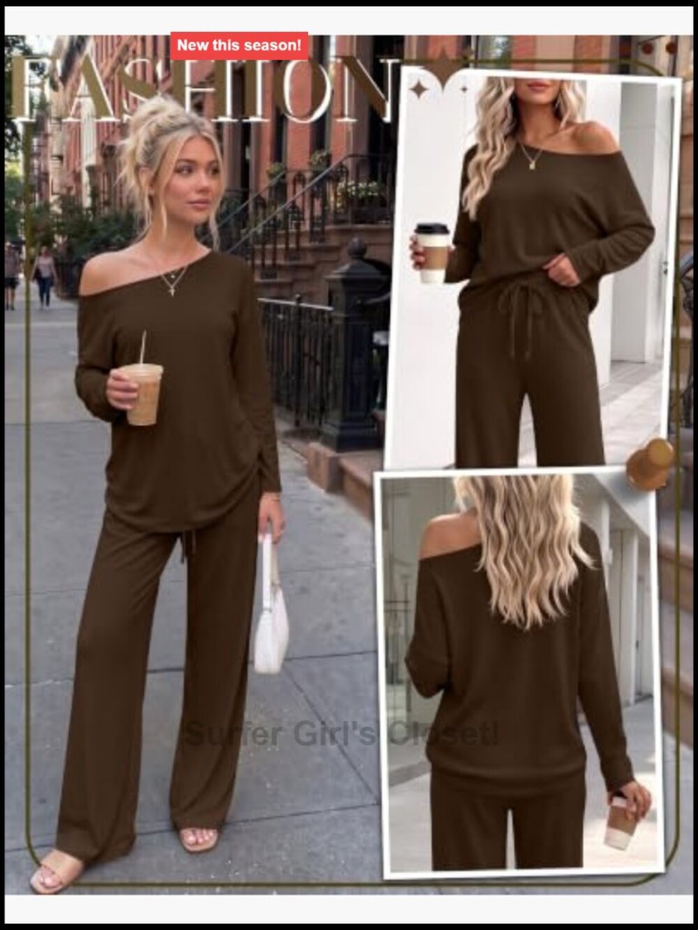 Women's 2 Piece Lounge Set Off Shoulder Top Wide Leg Pants - Picture 4 of 6